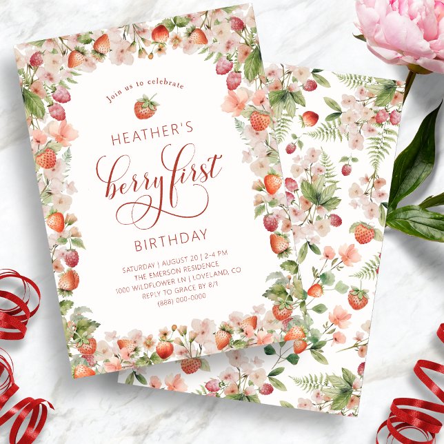 Bjud i Berry första födelsedag Inbjudningar (Cute Berry First Birthday Invitation by Painted Paperie)