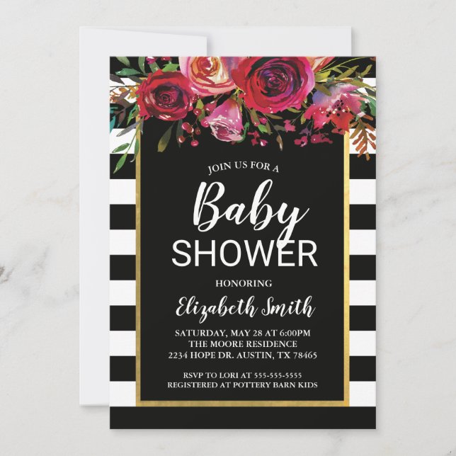 Bjud i Black Rand Blommigt Baby Shower-inbjudan Inbjudningar (Framsida)