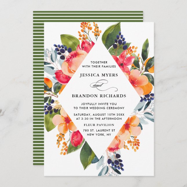Bjud i botaniskt bröllop med vattenfärgade Orangar Inbjudningar (Fram/baksida)