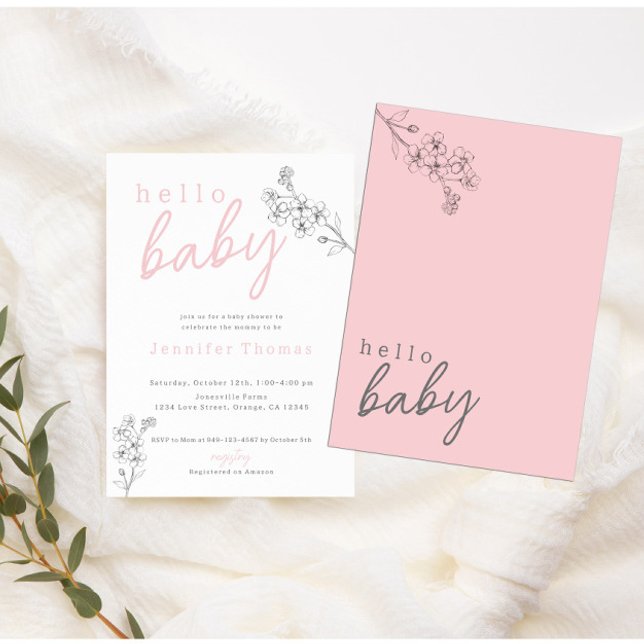 Bjud i botaniskt Rosa Hej Baby Baby Shower-inbjuda Meddelande (Skapare uppladdad)