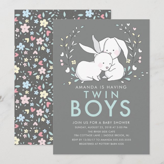 Bjud i Bunny Kärlek Twin Boys Baby Shower-inbjudan Inbjudningar (Fram/baksida)