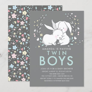 Bjud i Bunny Kärlek Twin Boys Baby Shower-inbjudan Inbjudningar