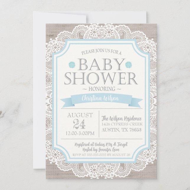 Bjud i Burlap Blue & Snöre Baby Shower-inbjudan Inbjudningar (Framsida)