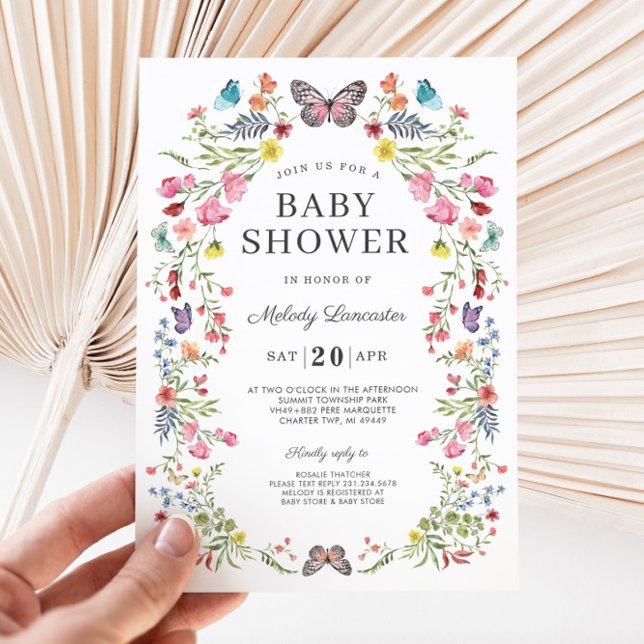 Bjud i Butterfly Wildbloms babykläder Inbjudningar (Tiny Blooms Butterfly Wilflower Baby Shower Invitation)