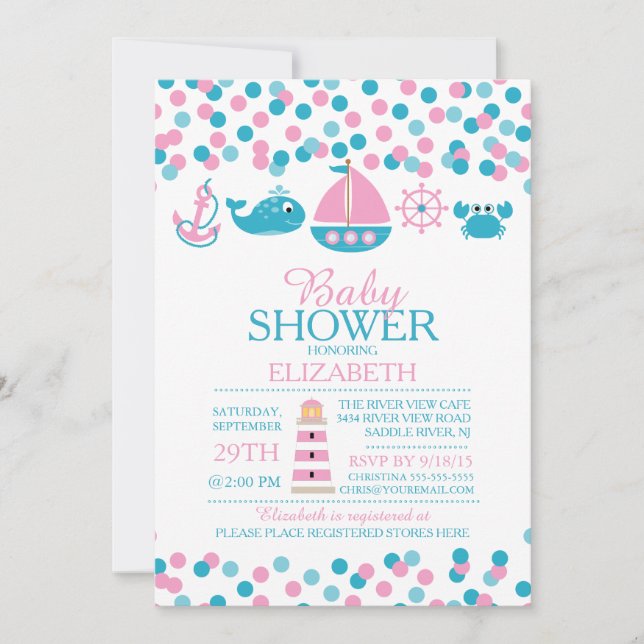 Bjud i Confetti Nautical Girls Baby Shower Inbjudningar (Framsida)
