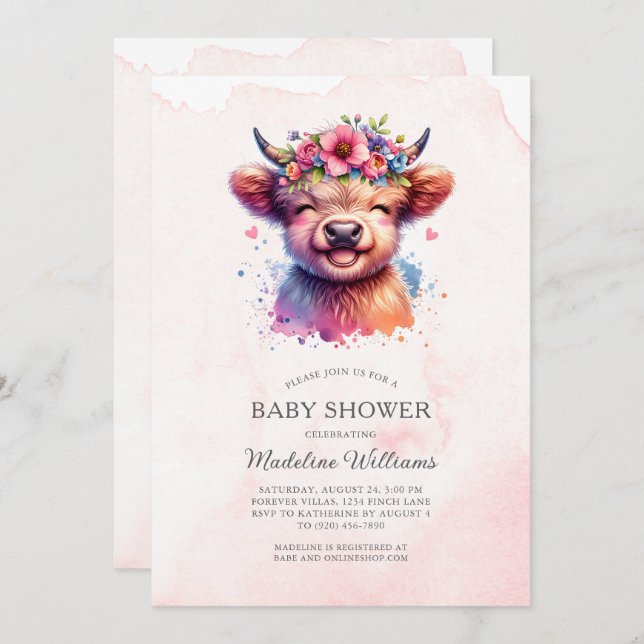 Bjud i Cute Baby Highland Cow Baby Shower (Fram/baksida)