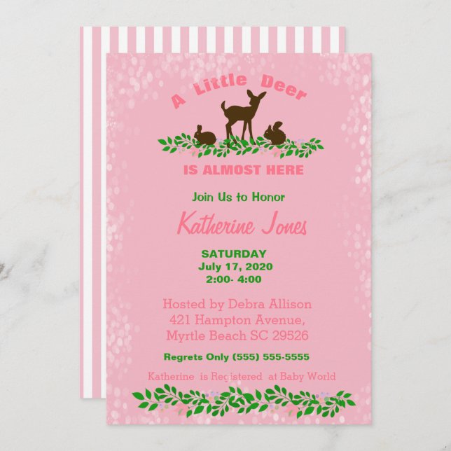 Bjud i Cute Baby Hjort Baby Shower (Rosa) Inbjudningar (Fram/baksida)