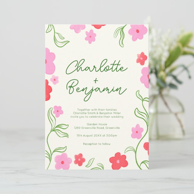 Bjud i Cute & Bright Blommigt Garden Wedding Inbjudningar (Stående Fram)
