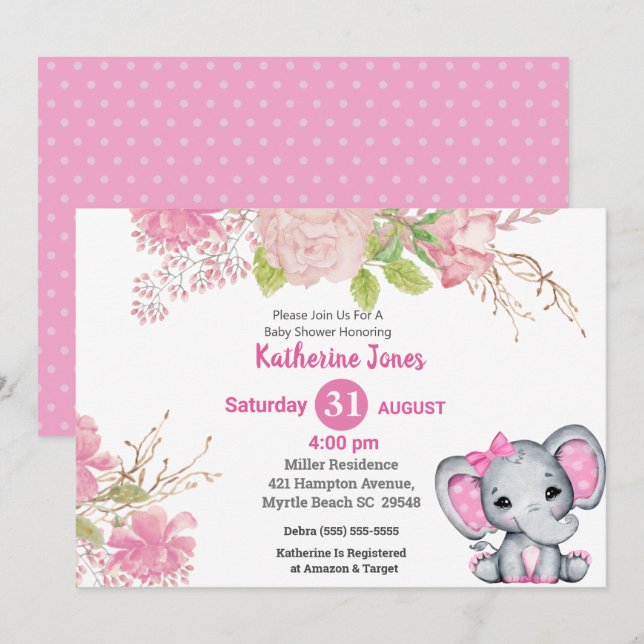 Bjud i Cute Elephant Rosa Blommigt Baby Shower-inb Inbjudningar (Fram/baksida)