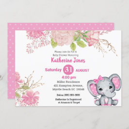 Bjud i Cute Elephant Rosa Blommigt Baby Shower-inb Inbjudningar