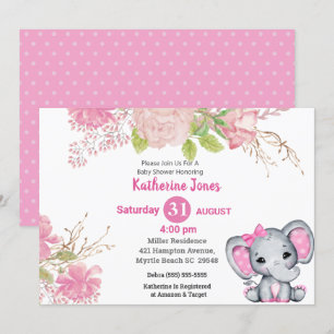 Bjud i Cute Elephant Rosa Blommigt Baby Shower-inb Inbjudningar