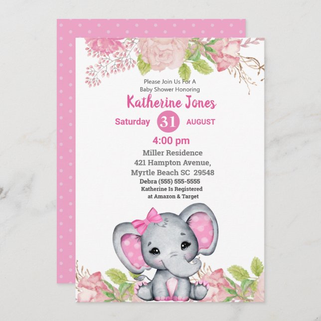 Bjud i Cute Elephant Rosa Blommigt Baby Shower-inb Inbjudningar (Fram/baksida)