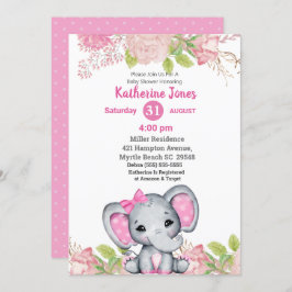 Bjud i Cute Elephant Rosa Blommigt Baby Shower-inb Inbjudningar