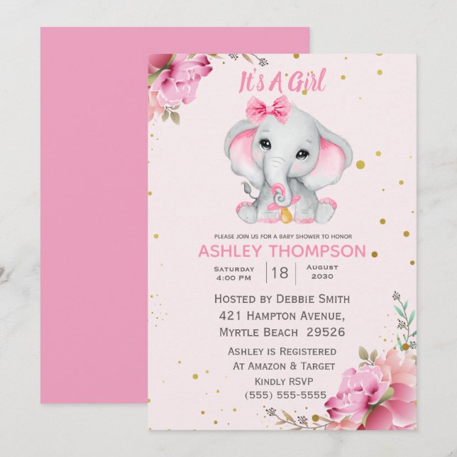Bjud i Cute Elephant Rosa Blommigt Baby Shower-inb Inbjudningar (Fram/baksida)