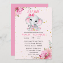 Bjud i Cute Elephant Rosa Blommigt Baby Shower-inb