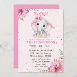 Bjud i Cute Elephant Rosa Blommigt Baby Shower-inb Inbjudningar