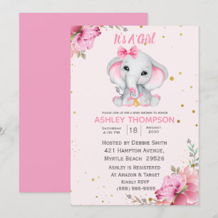 Bjud i Cute Elephant Rosa Blommigt Baby Shower-inb Inbjudningar