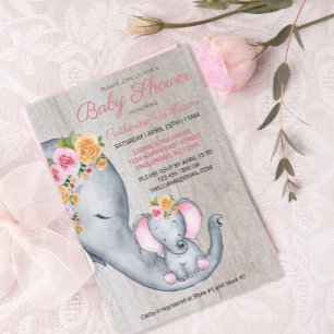 Bjud i Cute Elephant Rosa Blommigt Baby Shower-inb Inbjudningar