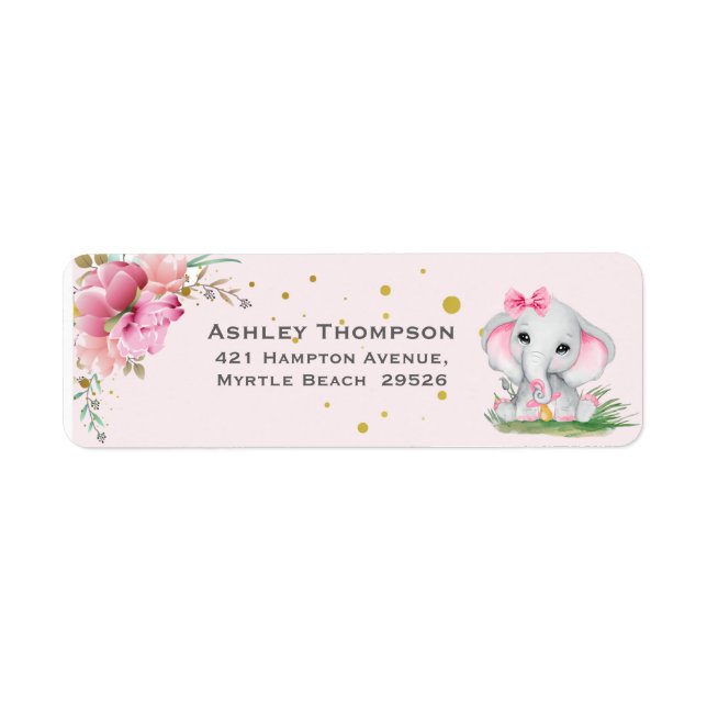 Bjud i Cute Elephant Rosa Blommigt Baby Shower-inb Returadress Etikett (Framsidan)