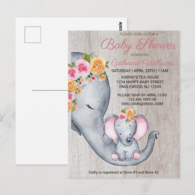 Bjud i Cute Elephant Rosa Blommigt Baby Shower-inb Vykort (Fram/baksida)