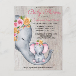 Bjud i Cute Elephant Rosa Blommigt Baby Shower-inb Vykort