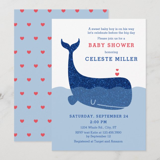 Bjud i Cute Glitter Whale Baby Shower Inbjudningar (Fram/baksida)