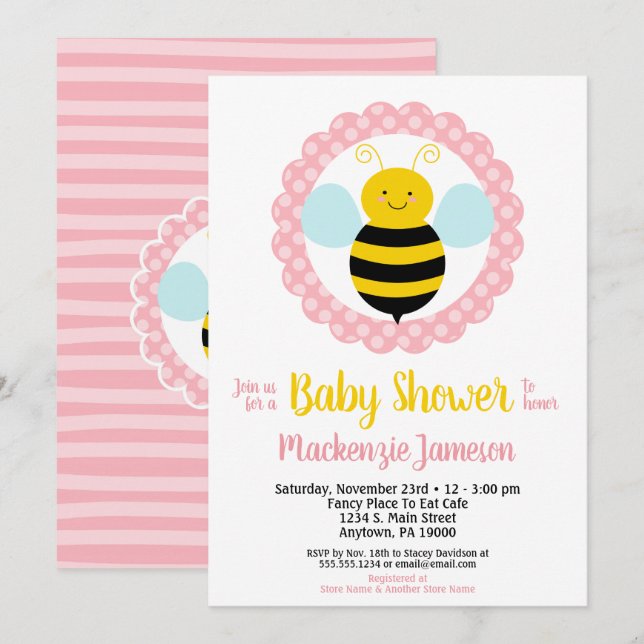 Bjud i Cute Humla Girls Baby Shower-inbjudan Inbjudningar (Fram/baksida)