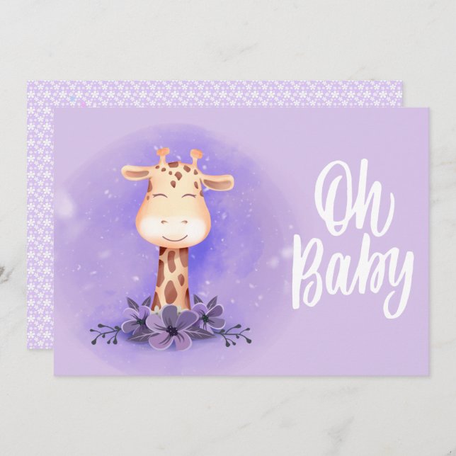 Bjud i Cute Lila Giraffe Baby Shower Inbjudningar (Fram/baksida)