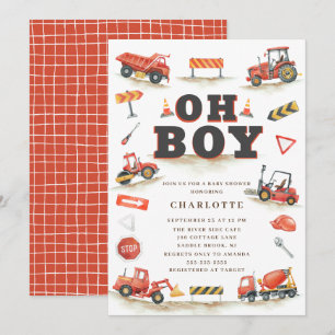 Bjud i Cute Red Construction Lastbil Baby Shower-i Inbjudningar