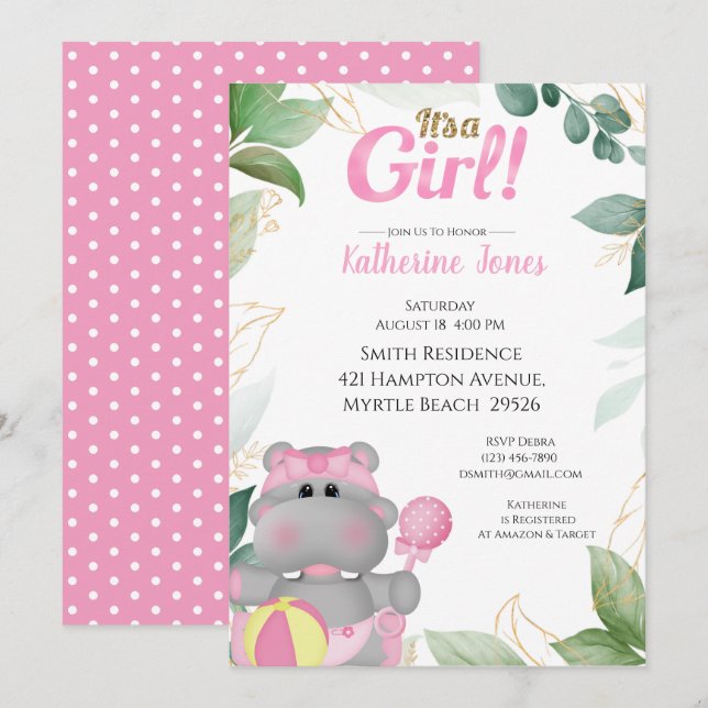 Bjud i Cute Rosa Guld Hippo Baby Shower Inbjudningar (Fram/baksida)