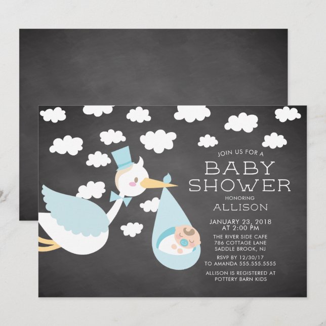 Bjud i Cute Stork Boys Baby Shower-inbjudan Inbjudningar (Fram/baksida)
