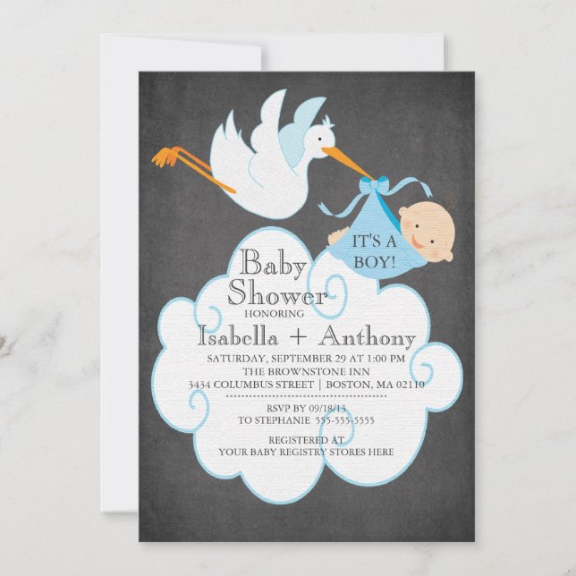 Bjud i Cute Stork Chalkboard Boy Shower Inbjudningar (Framsida)