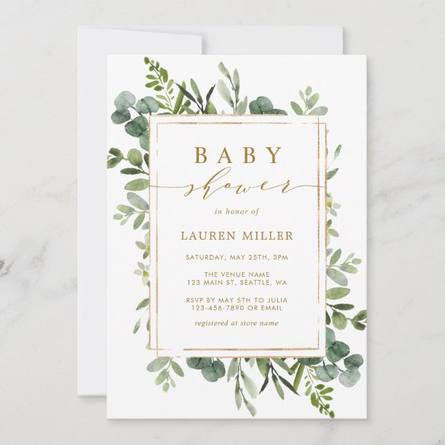 Bjud i den botaniska Guld Greenery Baby Shower-inb Inbjudningar (Framsida)