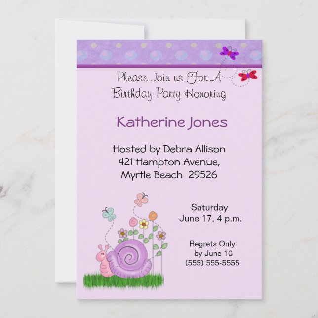 Bjud i fjäril och Snigel på födelsedagsinbjudan Inbjudningar (Framsida)