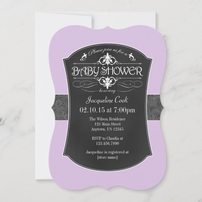 Bjud i Lavender Grått Chalkboard Baby Shower-inbju Inbjudningar (Framsida)