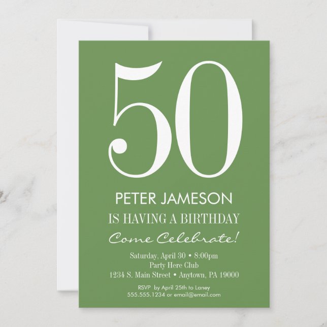 Bjud i Moss Grönt White Modern Vuxen Birthday-inbj Inbjudningar (Framsida)