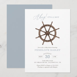 Bjud i Nautical Watercolor Frakt Wheel Baby Shower Inbjudningar