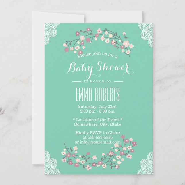 Bjud i Vår Grönt Blommigt & Snöre Baby Shower-inbj Inbjudningar (Framsida)