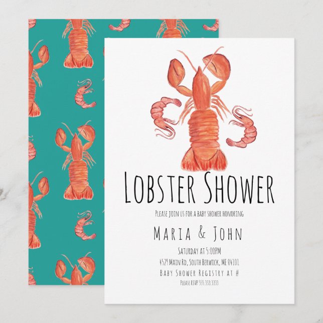 Bjud i Watercolor Lobster Party Baby Shower-inbjud Meddelande (Fram/baksida)