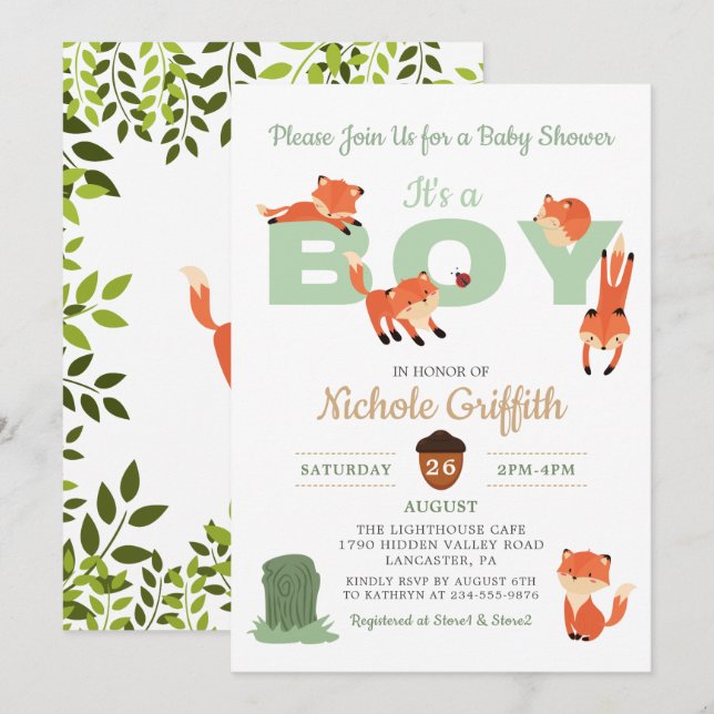 Bjud i Woodland Forest Fox Boy Baby Shower Inbjudningar (Fram/baksida)