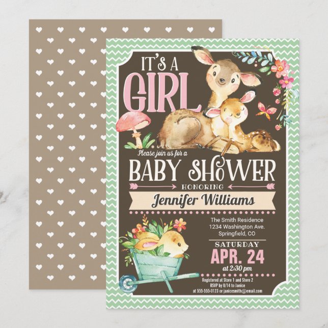 Bjud i Woodland Hjort Baby Shower Girl Inbjudningar (Fram/baksida)