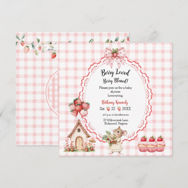 Bjud in babyblåsare för jordgubbskupa Mouse Inbjudningar (Fram/baksida)