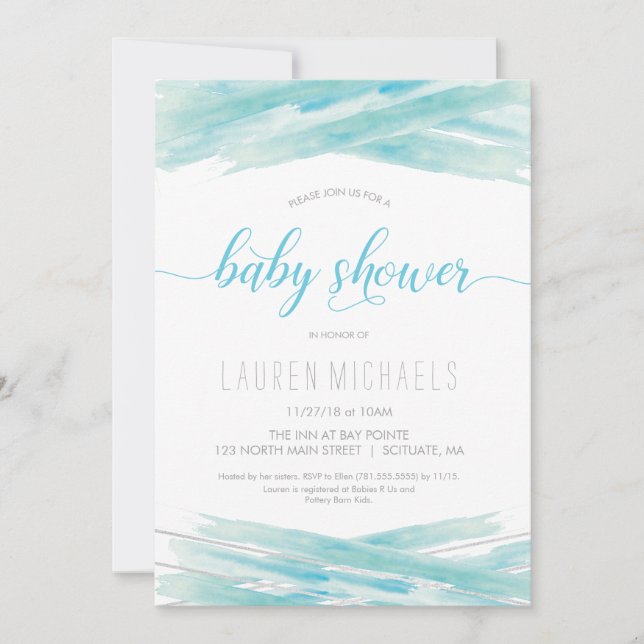 Bjud in babykläder - Vattenfärg, blå, Silver Inbjudningar (Framsida)
