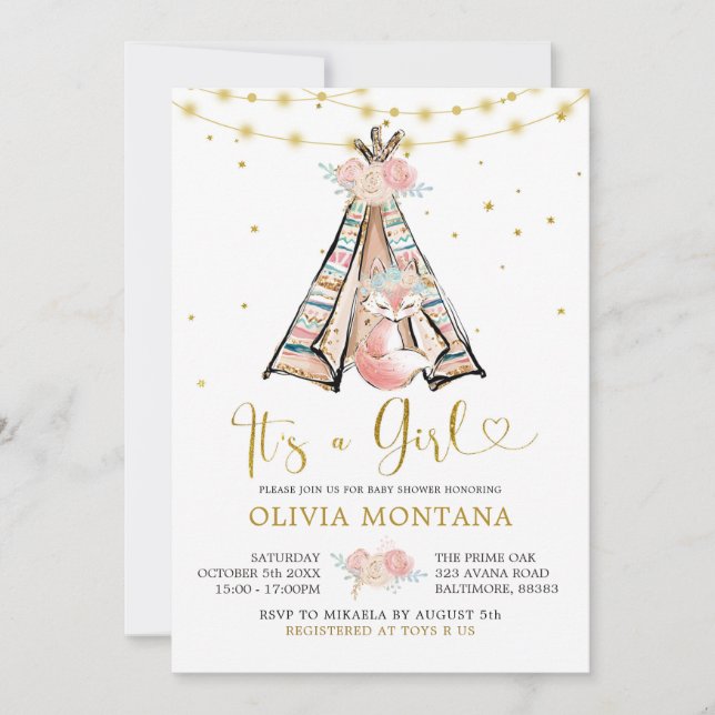 Bjud in babyskor för Rosa Blommigt  Inbjudningar (Framsida)