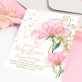 Bjud in babyskor för rosa Flower Guld Glitter Inbjudningar