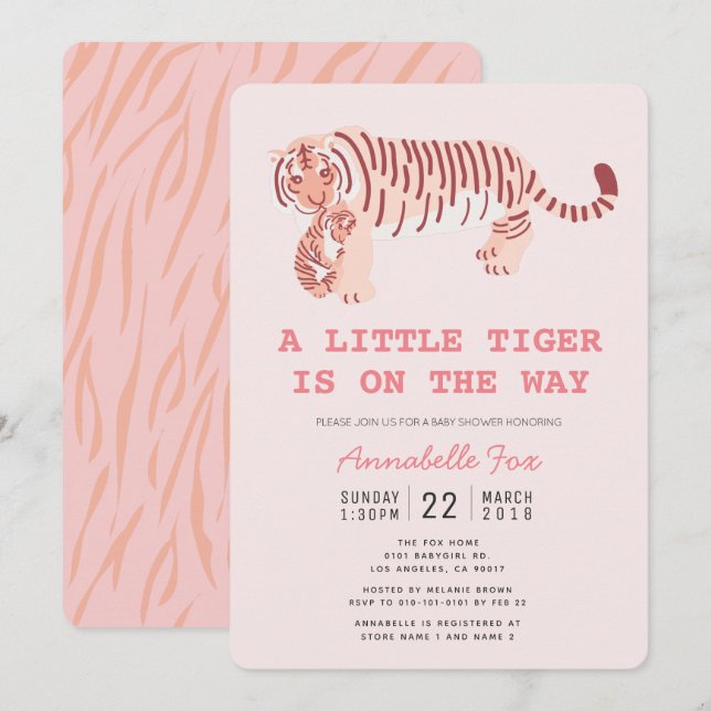 Bjud in babyskor för Unge Rosa i mamma-tigern Inbjudningar (Fram/baksida)