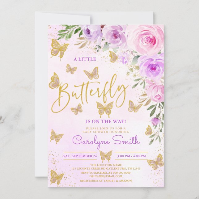 Bjud in babystövel för Lavender Blommigt Butterfly Inbjudningar (Framsida)