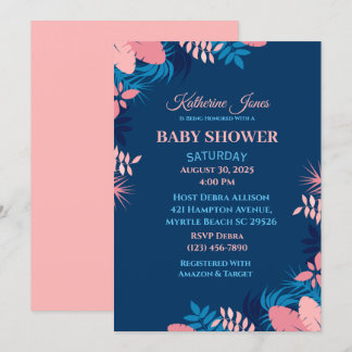 Bjud in babyvy för elegant Navy Rosa Blommigt Show Inbjudningar