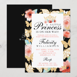Bjud in Butterfly Royal Blommigt Krona Black Guld Inbjudningar