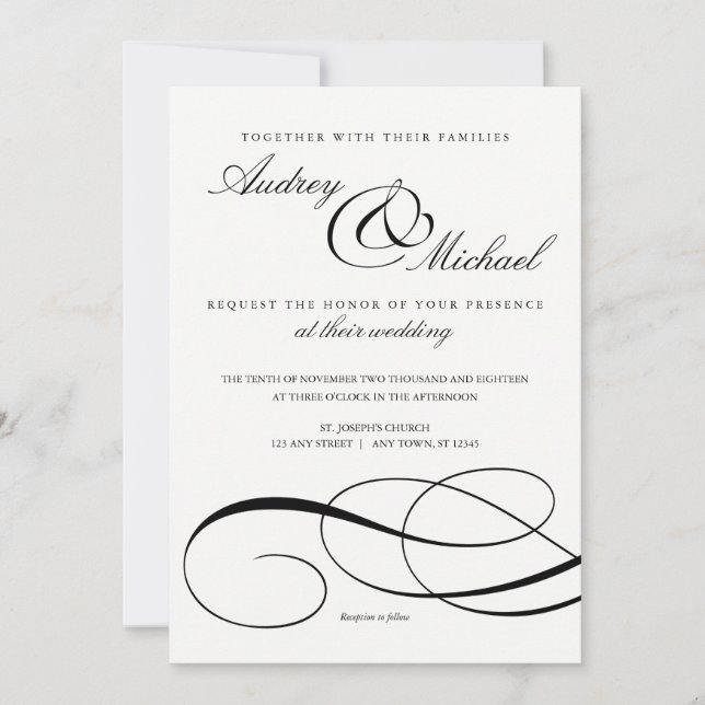 Bjud in elegant Calligraphy Black and White Weddin Inbjudningar (Framsida)